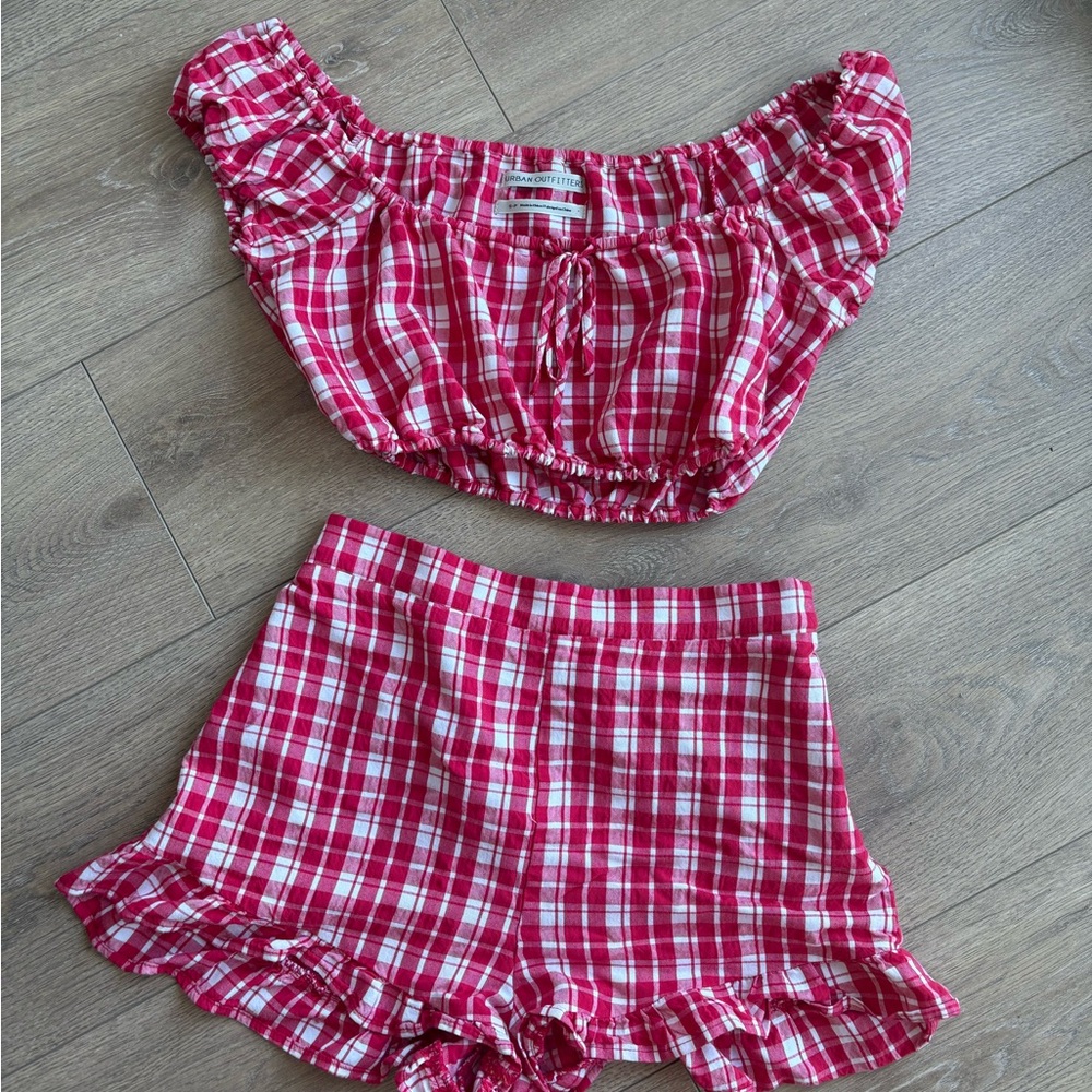 Red and White Plaid Ruffle Top and Shorts Set